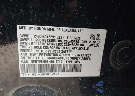 2019 Honda Passport Elite from USA, damaged, VIN 5FNYF8H03KB016749